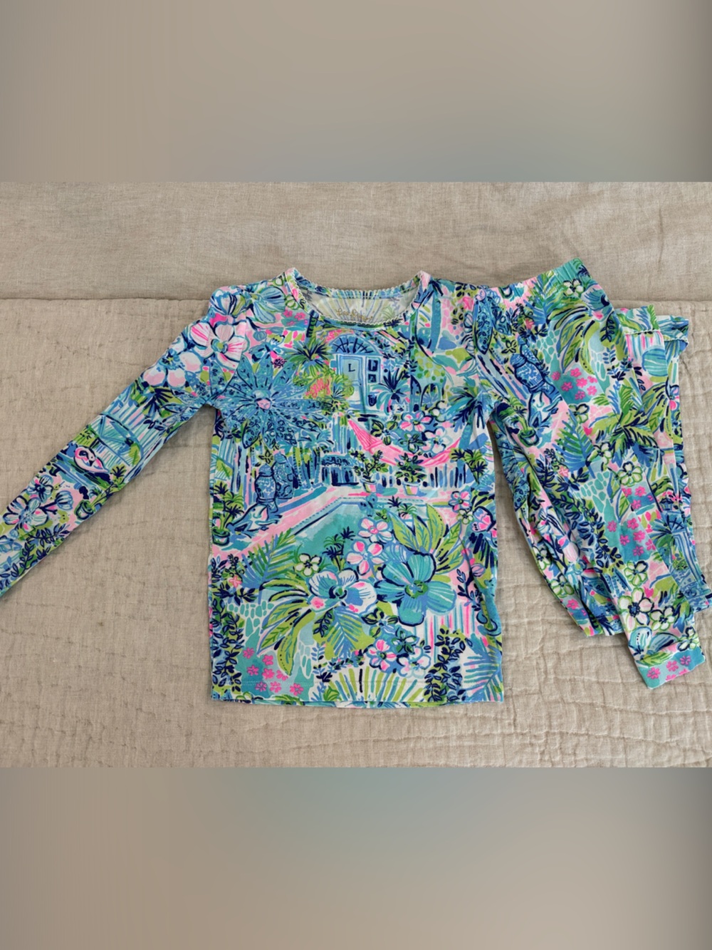 Lilly Pulitzer Girls Floral Tropical Pajama Set in Blue, Pink, Aqua - Girls 10